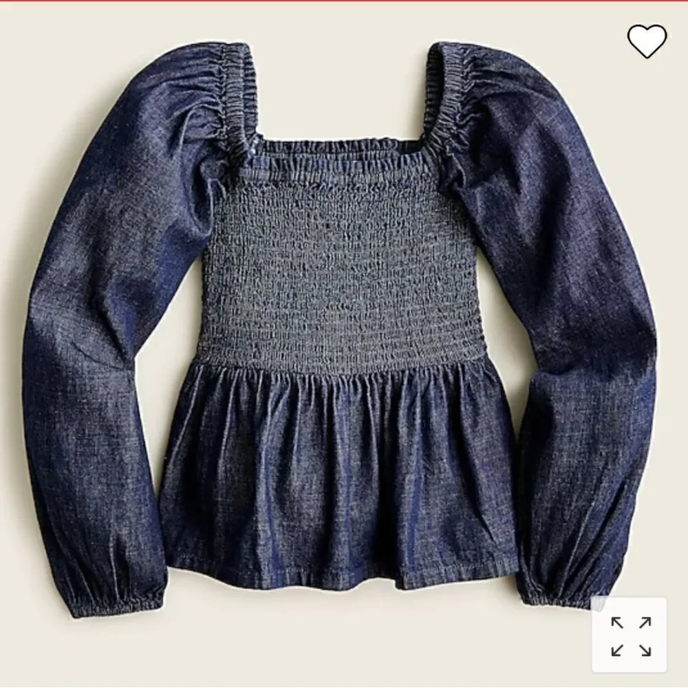 J Crew Puff Sleeve Chambray Smocked Top NWT